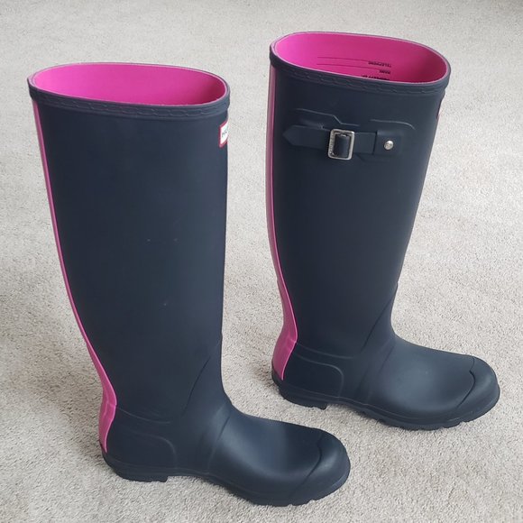 Hunter Waterproof Boots Original Stripe Navy Lipstick - Picture 8 of 10